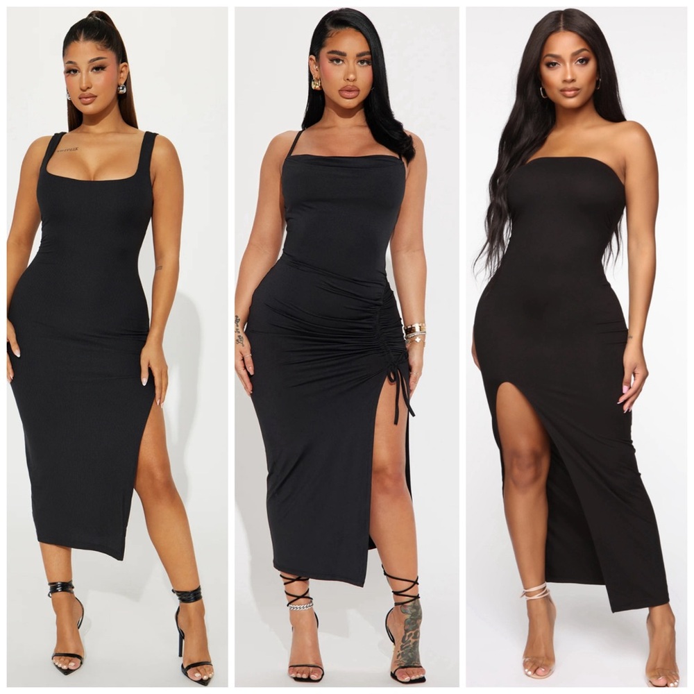 3 Black Midi Dresses Slit Stretchy Ribbed Satin Large